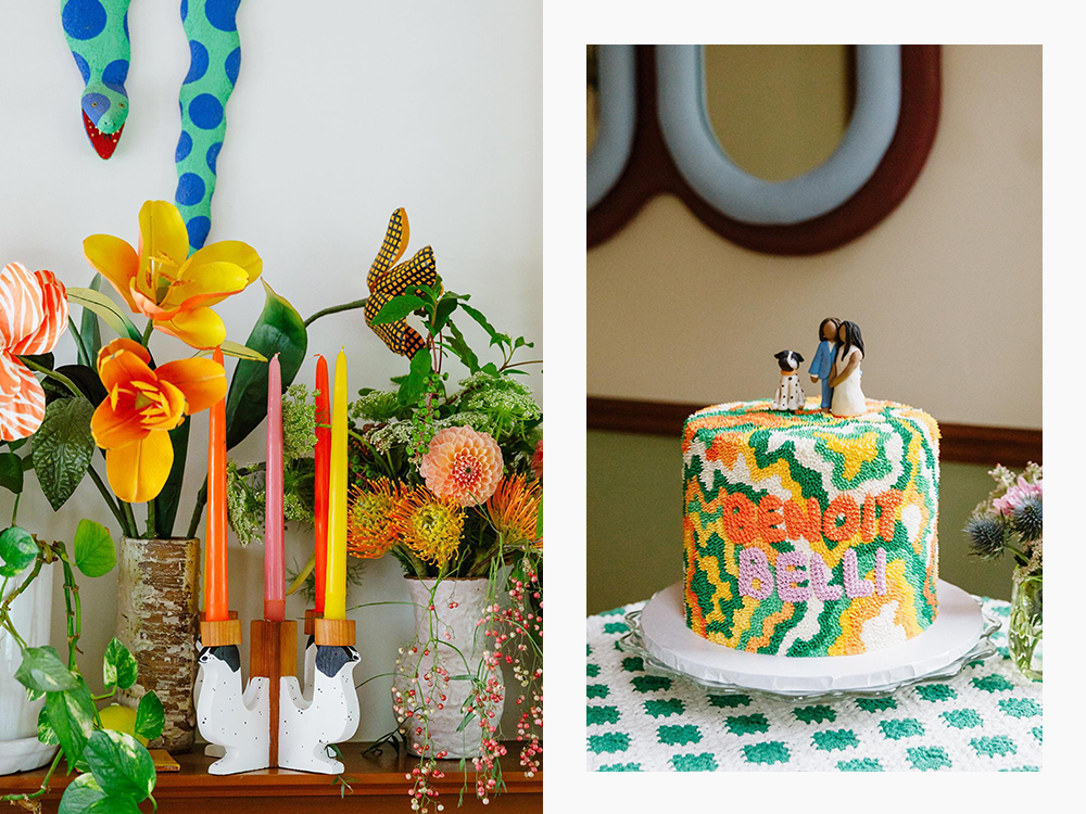 wedding cake with clay cake toppers and corsage