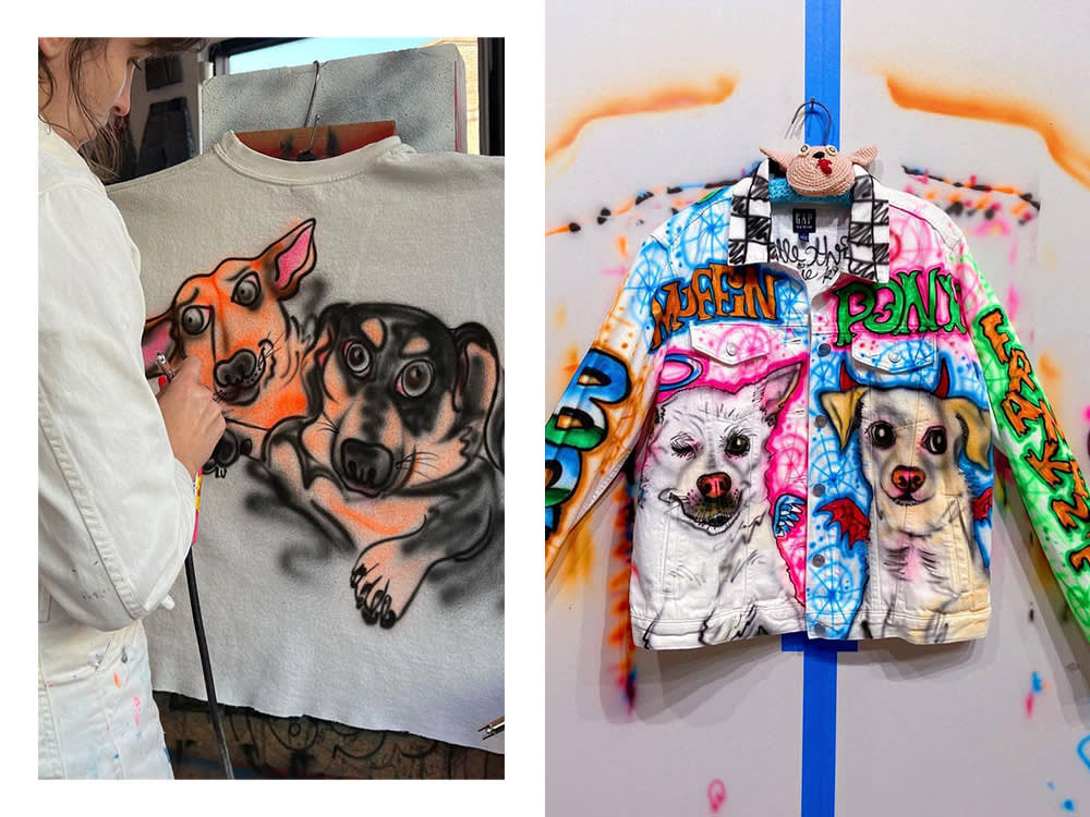 Isa of Gentle Thrills airbrushing dogs; an airbrushed jacket with two dogs on it