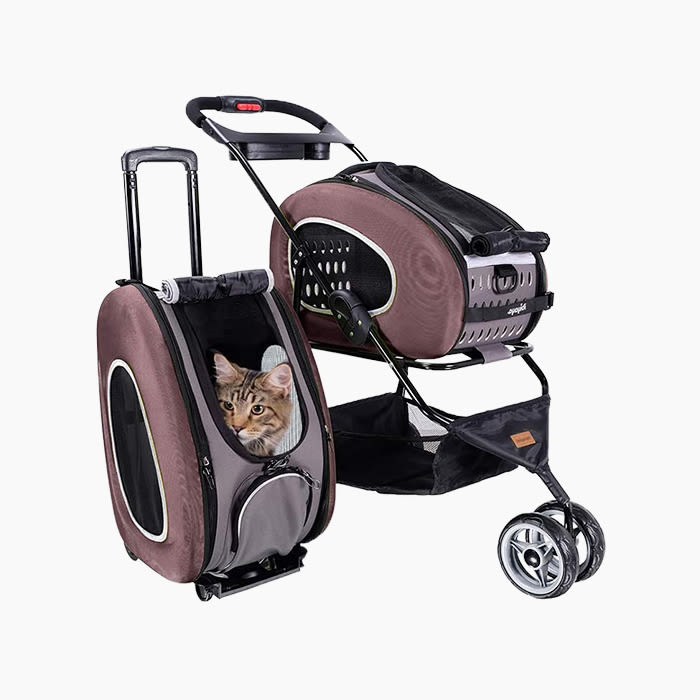 5-in-1 Pet Carrier with Backpack, Pet Carrier Stroller, Shoulder Strap, Carriers with Wheels for Dogs and Cats - Brown
