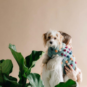 A woman wearing a knit sweater holding a dog wearing a colorful knit sweater. 