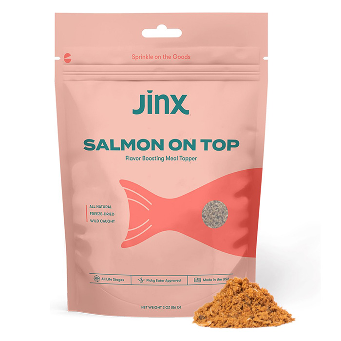 jinx food topper in pink pouch