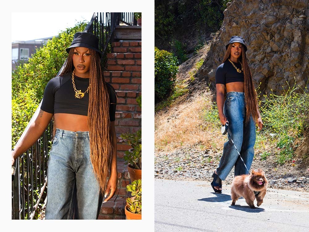 Shea Couleé walking her dog, Baby