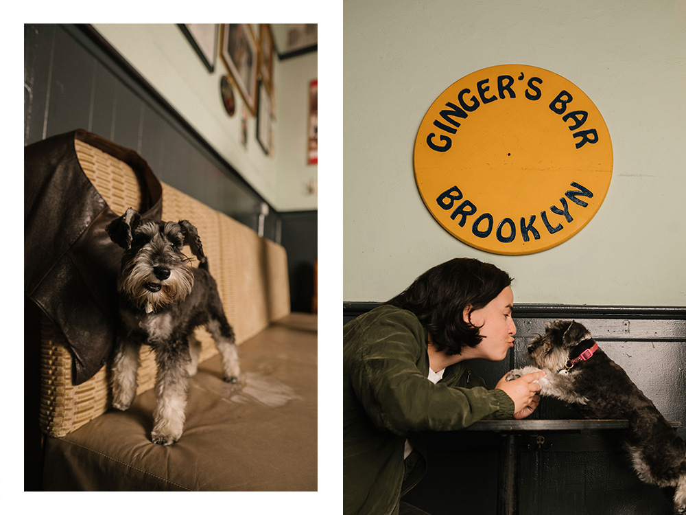 Patty poses on a booth; Erica Rose gives Patty a kiss in front of the Ginger’s sign.