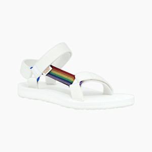 the white tevas with rainbow stripe