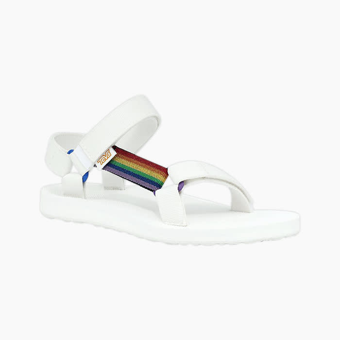 the white tevas with rainbow stripe