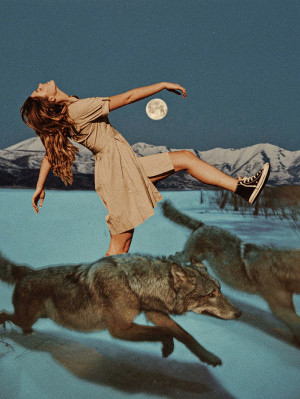 Illustration of a brunette woman in tan dress and black converse walking with her arms outstretched and on leg up in the middle of a midnight, moonlit, mountainous scene with two wolves running in front of her.