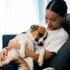 Young asian woman with dog at home.