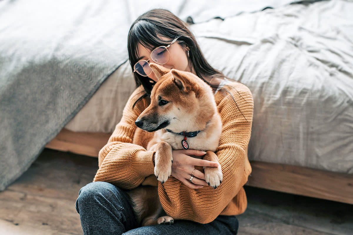 Person cuddling with a dog