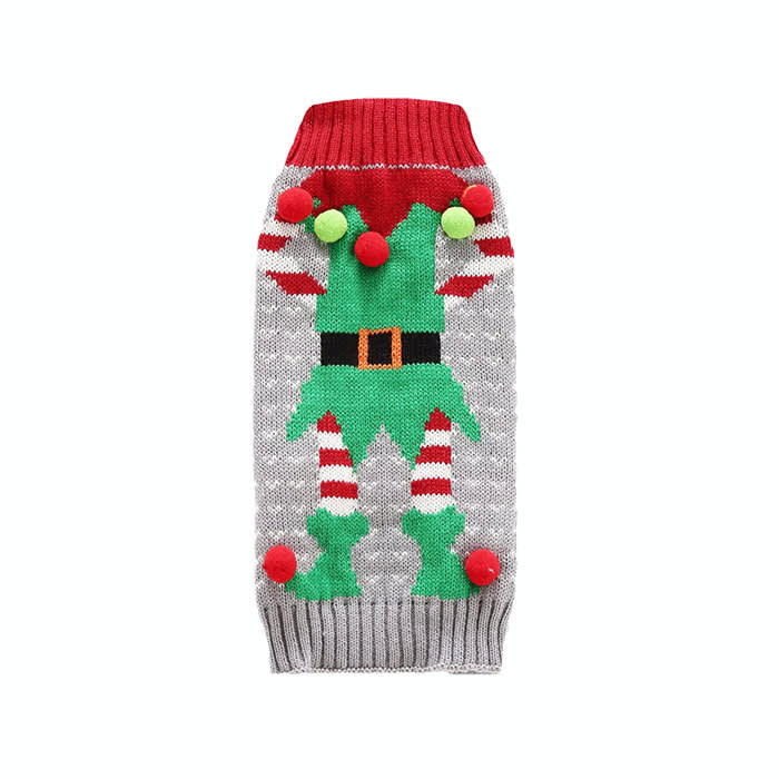 elf themed dog sweater with a red collar
