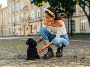 A woman wearing a yellow headband and a white off-the-shoulder shirt with blue jeans and platform black flower boots kneeling next to her black Poodle mix dog on the lawn outside