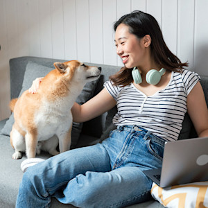 Young woman enjoying time with her shiba inu at home.