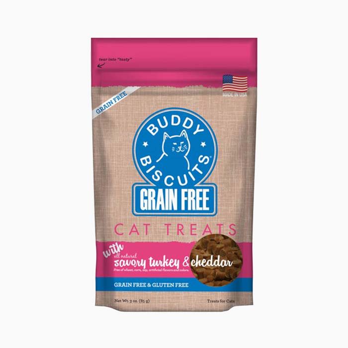 the buddy biscuits in a brown and pink bag