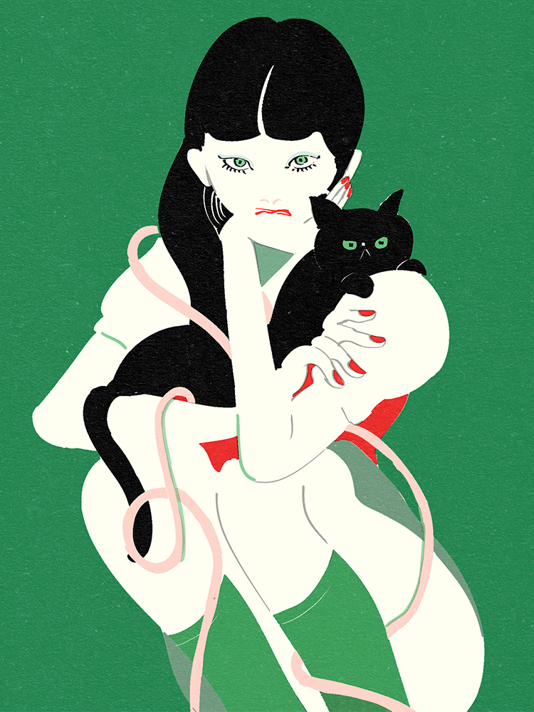 a woman with black hair, green eyes, and red nails hugs a black cat