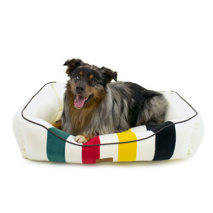 white dog bed with green red yellow and black stripes
