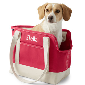 red bag with a dog inside it and "Stella" on the bag