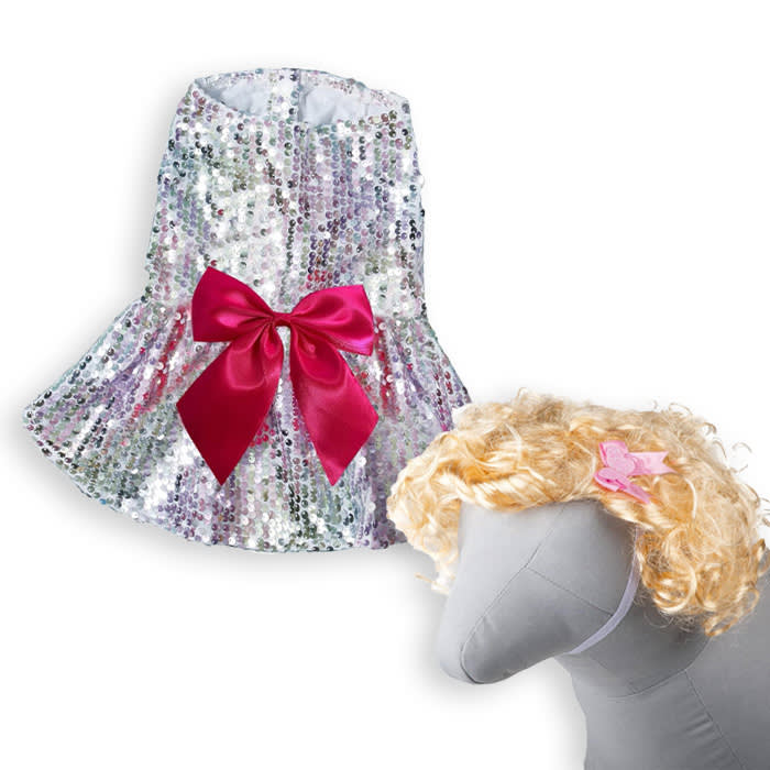sequin dress for a dog and blond dog wig