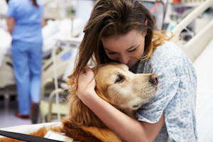 a picture of a woman in a hospital bed hugging a golden retriever dog