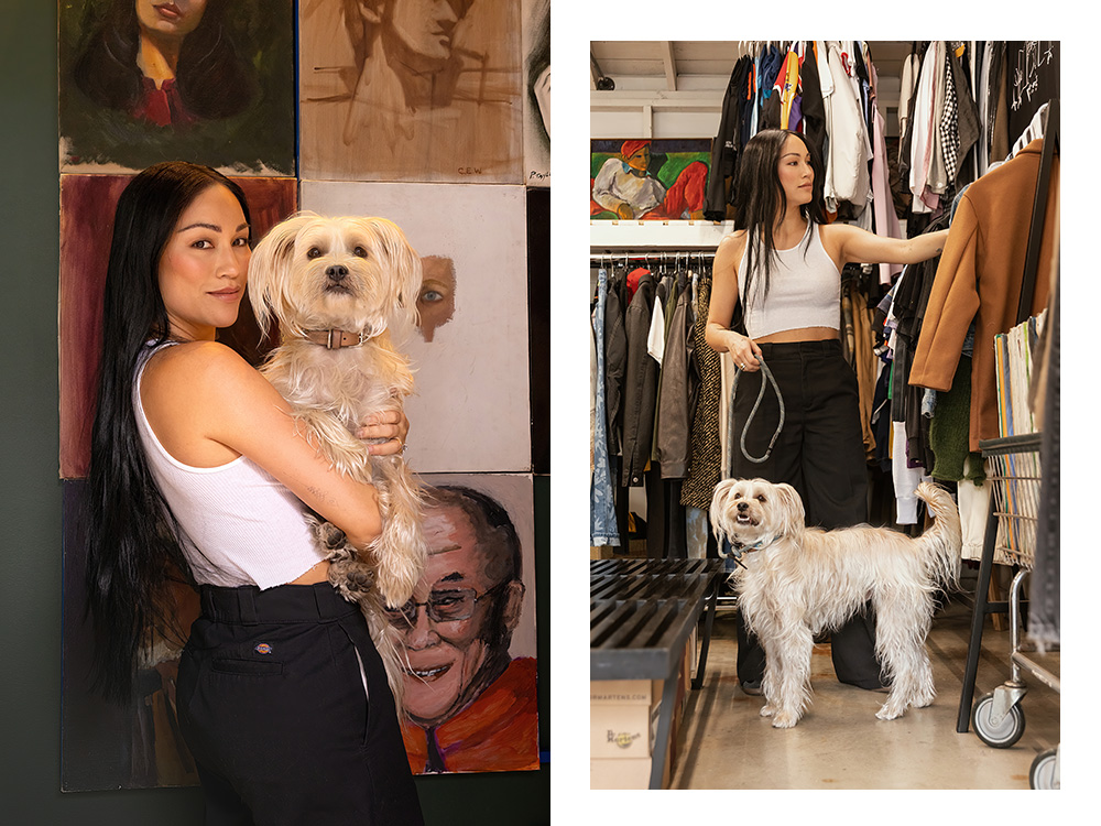 Stephanie Shepherd and her small white dog, Binx