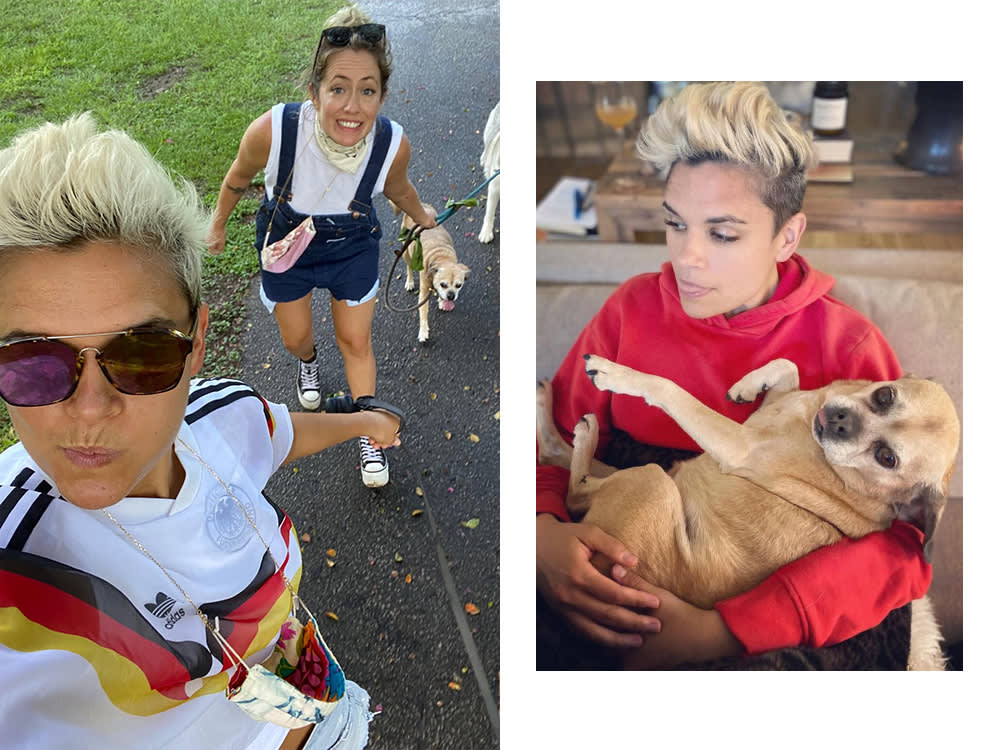 left: Kathryn Budig and her wife walking their dog. right: Kathryn Budig's wife, Kate, holds their dog.
