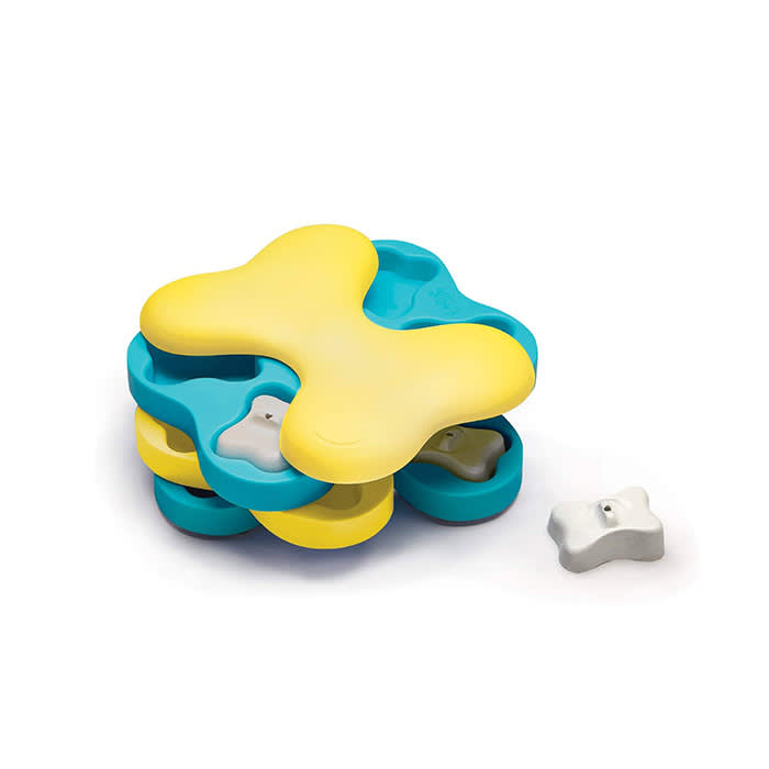 the interactive dog puzzle toy in yellow and blue