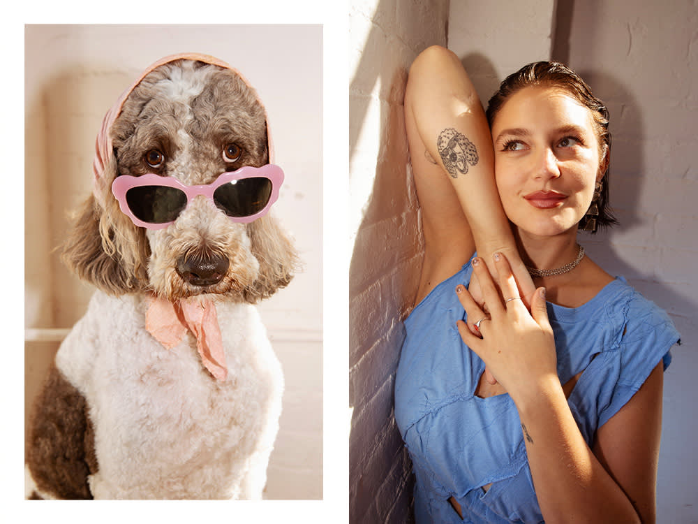 Gracie McGraw's dog wearing pink sunglasses; Gracie McGraw