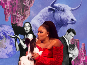 Cher holding a black cat, Lizzo kissing a puppy, Nicholas Braun cuddling a Pomeranian, with a bull, the earth, and rock formations in the background 