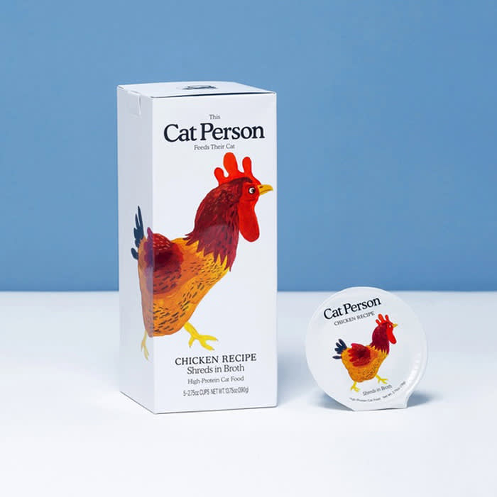 cat person wet cat food in white packaging with chicken on it