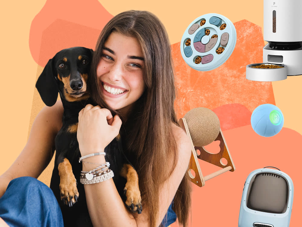 a woman and dog with amazon pet products on sale for amazon pet deals day