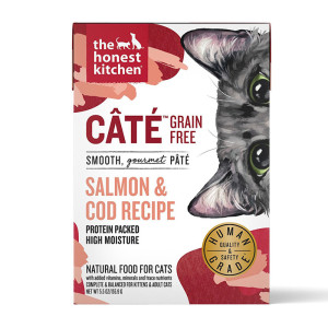 the salmon and cod recipe cat food in white and red package with a cat on it