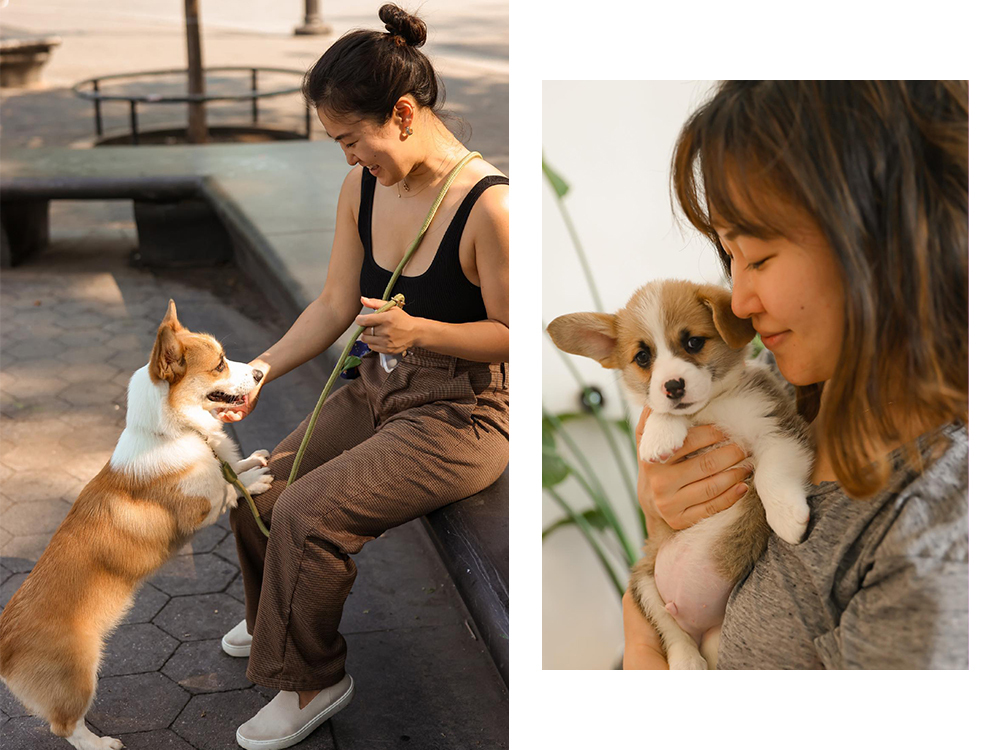 Minna Lee with her corgi
