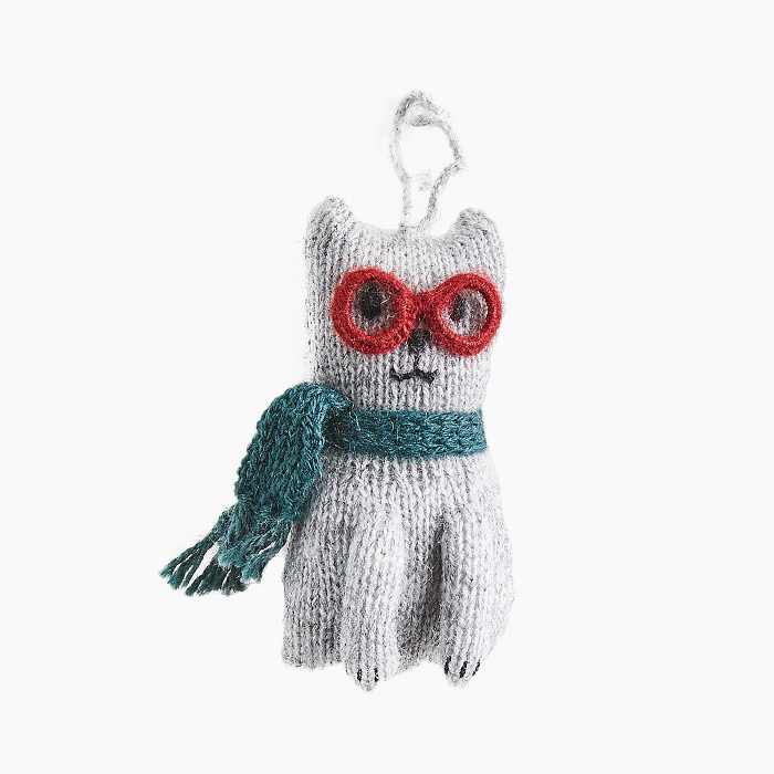 the felted cat ornament with red glasses and a blue scarf