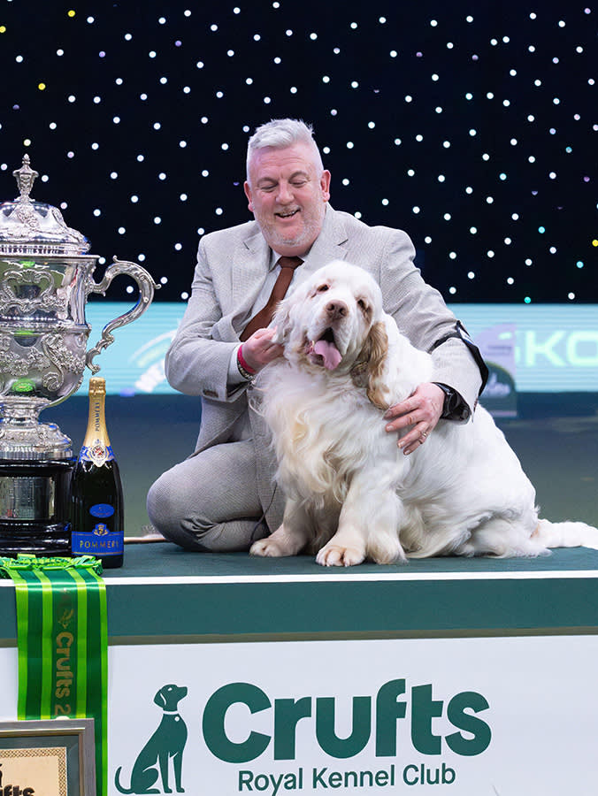 Handler Lee Cox celebrates with Sh Ch Vanitonia Soloist, known as ‘Bruin’, the Clumber Spaniel that won Best in Show during the final day of Crufts Dog Show at the National Exhibition Centre (NEC) on March 9, 2026 in Birmingham, England. Crufts, organised by The Kennel Club, is the world’s largest dog show.