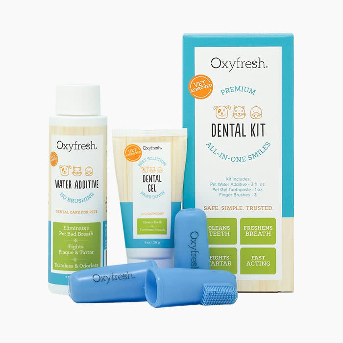 Oxyfresh Dog Dental Kit with blue rubber finger brushes, a tube of dental gel, and a bottle of water additive