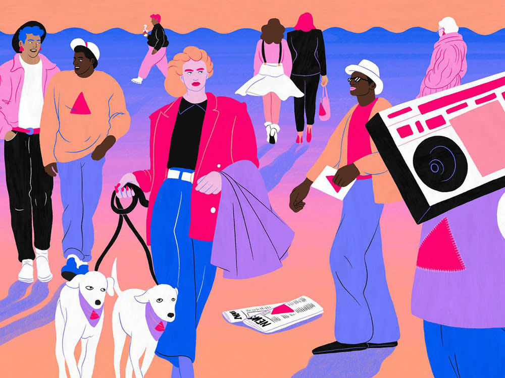 Illustration of people walking dogs, walking together, holding a boom box, etc. 