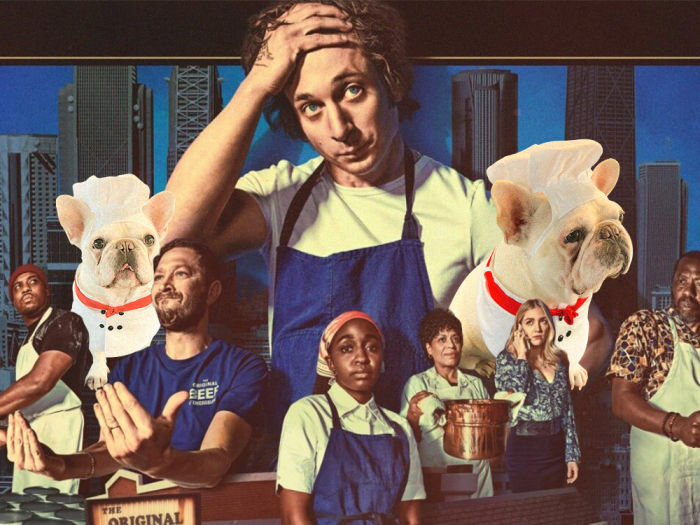 Collage of different Chef characters from Hulu's TV series "The Bear" with two images of a French Bulldog wearing a chef costume mixed in