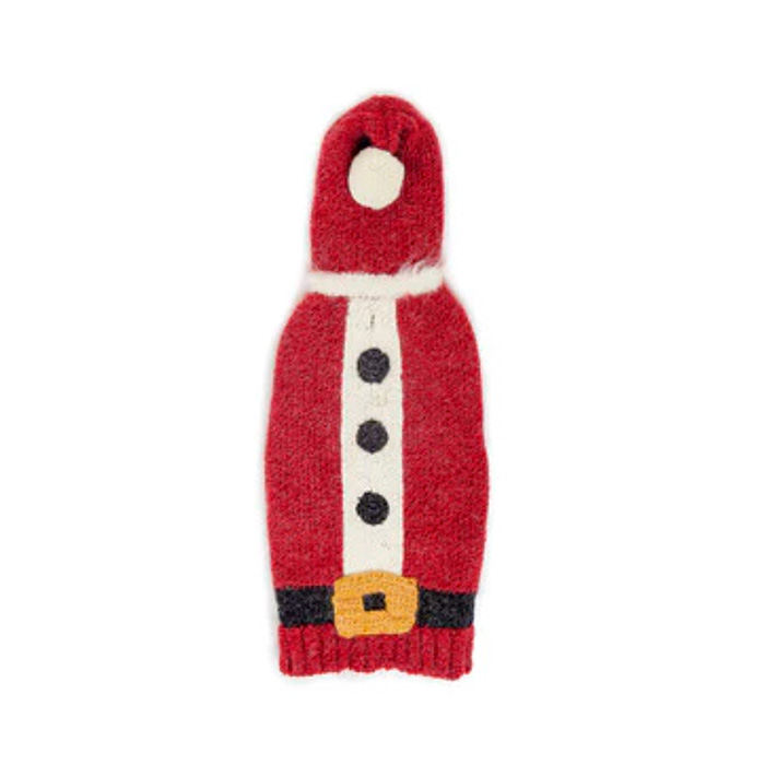 santa themed dog sweater in red with a hoodie