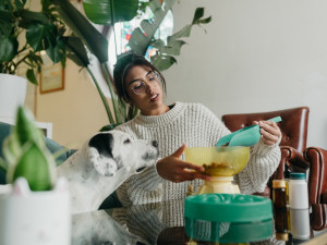 A woman measuring her Dalmatian mix senior dog's kibble food with a couple pill bottles on the table too in a modern looking living room 