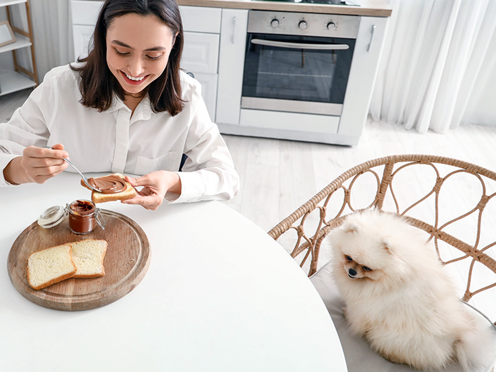 Woman eating Nutella with her dog nearby at home.