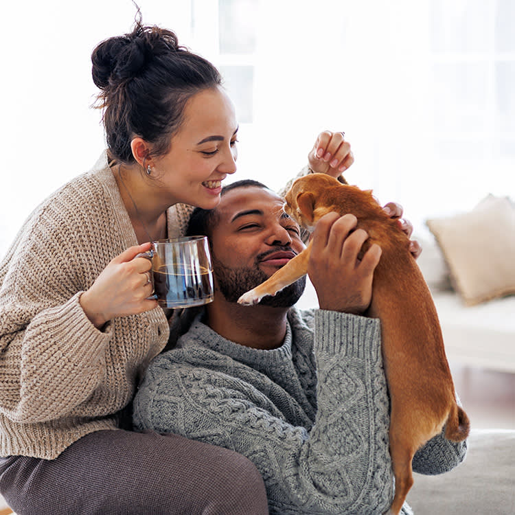 Couple snuggling their small dog at home.