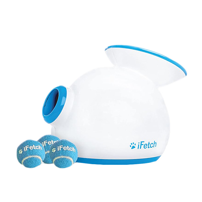 iFetch Automatic Dog Ball Launcher for Small to Medium Dogs, Indoor/Outdoor Dog Toy Thrower - Blue and White