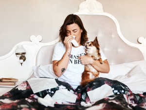 A woman sitting in bed holding her Chihuahua dog and blowing her nose into a tissue