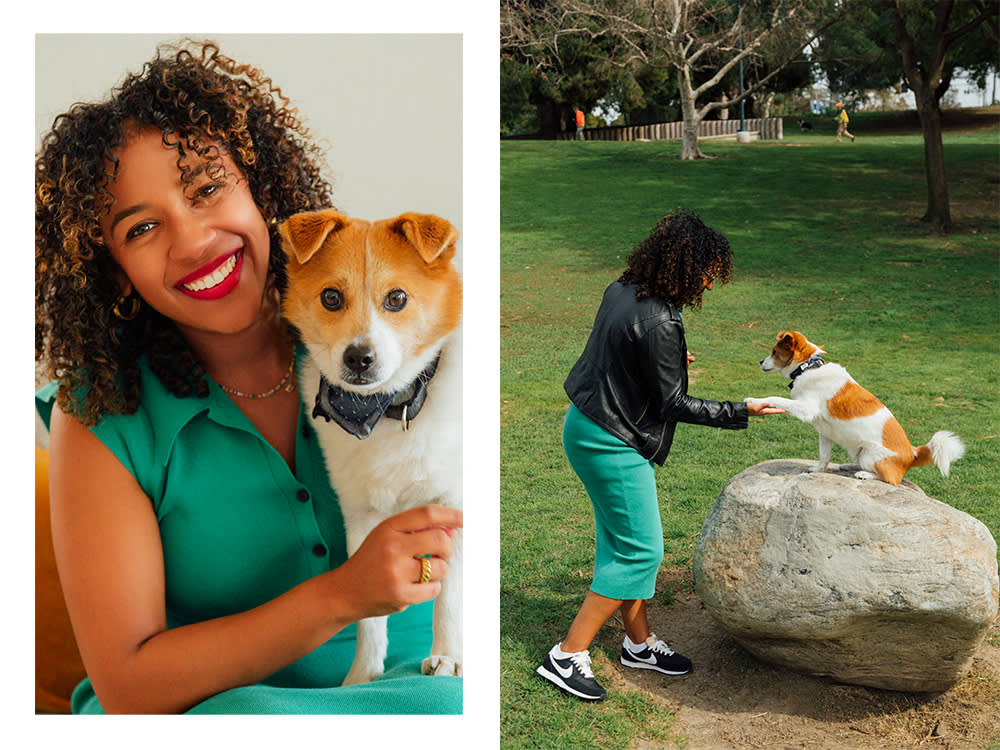 Dayna Isom Johnson with her small white and orange dog; Dayna Isom Johnson holding her dog's paw