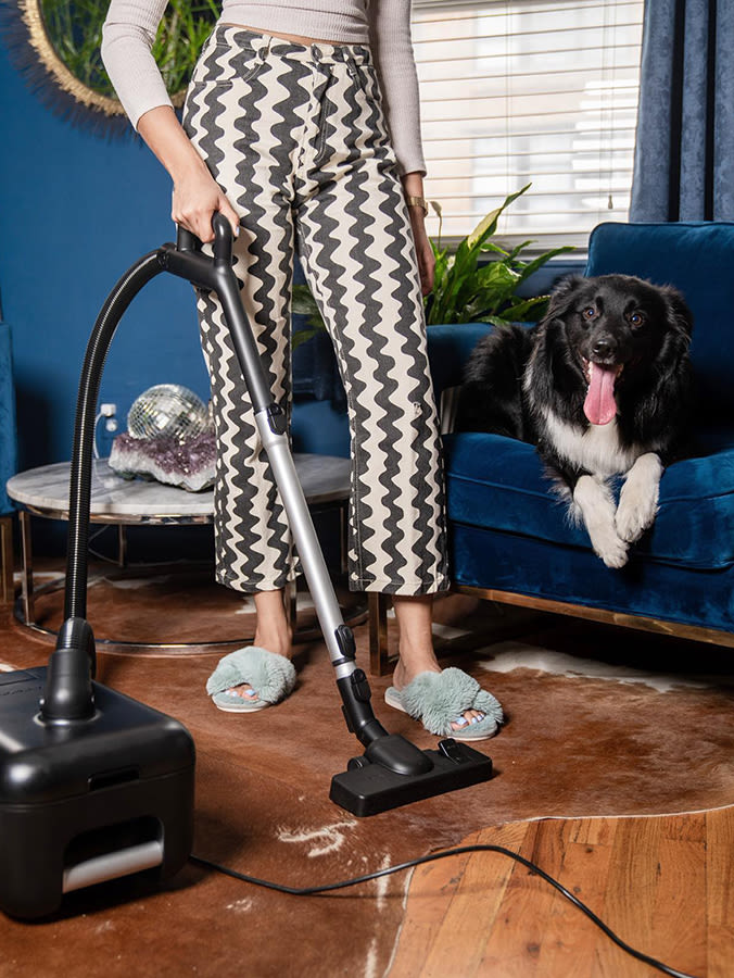 Woman ins zig zag striped pants vacuuming pet hair int he living room with her dog sitting on a blue couch