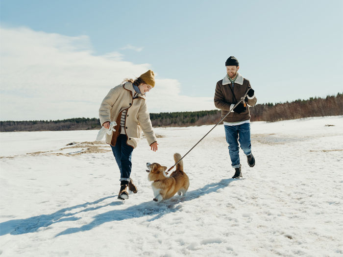 A happy looking man and woman walking their dog outside in a large snowy field. 