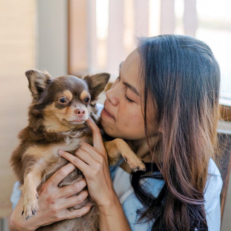 Woman holding her dog in her arms.