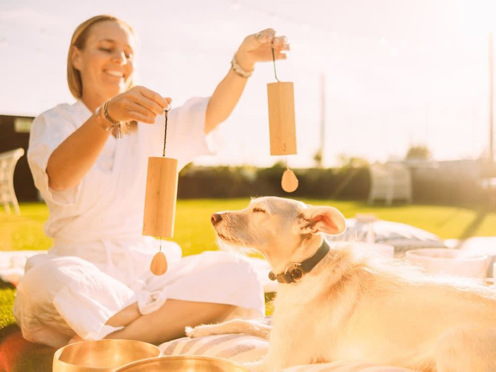 woman holds chimes over dog's head during a sound bath