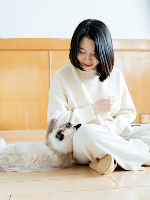 Cute cat pawing woman at home.