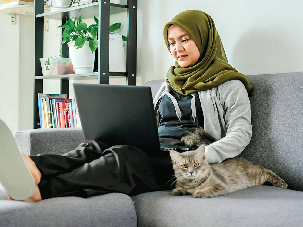 Woman working on a laptop on the couch with her cat.