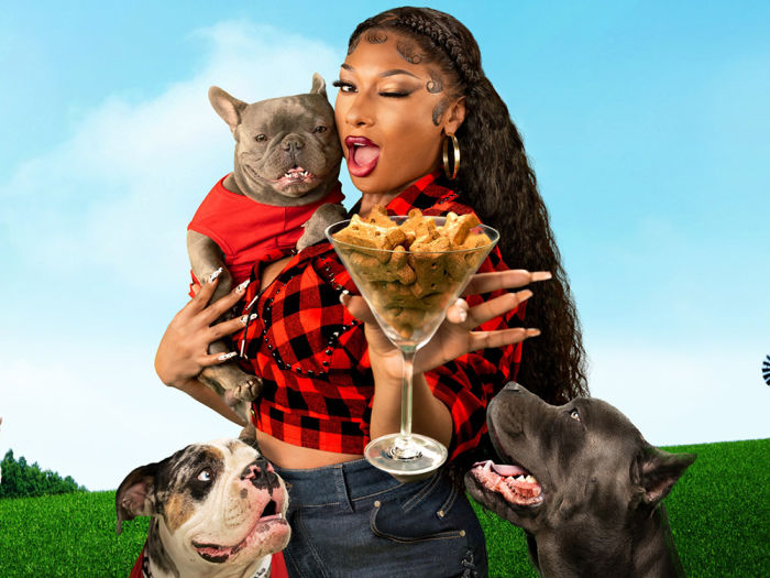 Megan Thee Stallion holding a martini glass filled with dog biscuits surrounded by three dogs. 