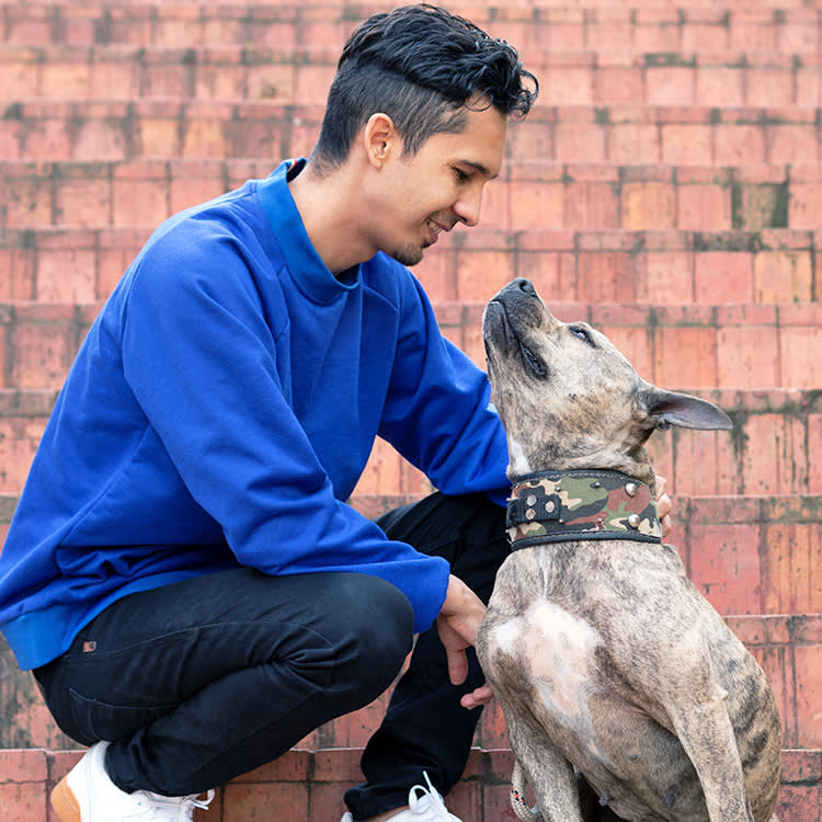 Man looking at his dog outside.